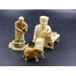 A JAPANESE IVORY FIGURE OF A MAN HARVESTING FRUIT AND FLOWERS, LACQUER SEAL MARK. H.9CMS ANOTHER