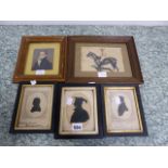 THREE SILHOUETTES, A NAVAL PORTRAIT MINIATURE AND A PEN AND INK PAINTING OF A POLO PLAYER. 11.5 X