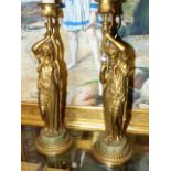 A PAIR OF FRENCH 19TH.C.ORMOLU AND MARBLE CLASSICAL MAIDENS MOUNTED AS LAMPS. OVERALL H.42CMS.