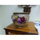 A ROYAL WORCESTER JARDINIERE WITH ROSE DECORATION AND PIERCED RIM SIGNED W.E.JARMAN. DIA. 32 X H.