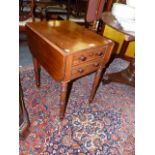 A MAHOGANY REGENCY DROP LEAF TABLE, SINGLE DOOR CUPBOARD WITH FAUX DRAWER FRONTS ON RING TURNED