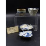 A DELFT OINTMENT POT INSCRIBED DELESCOT, A BOW BLUE AND WHITE LEAF PICKLE DISH, ANOTHER IN PEARLWARE