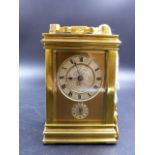 A FRENCH GORGE CASED ALARM CARRIAGE CLOCK, THE REPEAT BUTTON ABOVE CIRCULAR SILVERED DIALS, THE