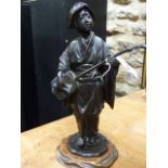 AN EARLY 20TH.C.JAPANESE BRONZE LADY SINGING TO THE TUNE ON HER SAMISEN, FOUR CHARACTER MARK,