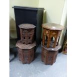FOUR CARVED OR INLAID EASTERN HARDWOOD SMALL STANDS, A PAIR OF OCTAGONAL EXAMPLES. H.35CMS AND TWO
