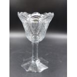 AN 18TH.C.SWEETMEAT GLASS, THE BELL BOWL CUT BELOW A SERRATED RIM, THE FACETTED STEM ON OCTAGONAL