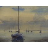 ALAN O'CONNOR-FENTON. 20TH.C.. ARR. EARLY MORNING LIGHT, LYMINGTON, SIGNED WATERCOLOUR. 32 X 49CMS.