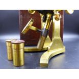 J H STEWARD 406 STRAND. A MAHOGANY CASED BRASS MONOCULAR MICROSCOPE WITH EYEPIECE AND TWO