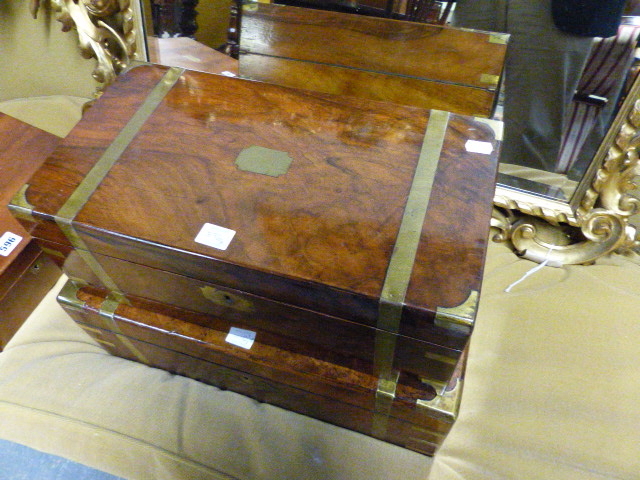 TWO BRASS BOUND MAHOGANY WRITING SLOPES. W.44.5 AND 35CMS. TOGETHER WITH ANOTHER IN WALNUT. W. - Image 4 of 8