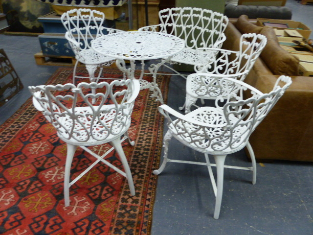 A GOOD VICTORIAN STYLE CONSERVATORY/ PATIO SET OF FOUR CHAIRS, A TWO SLAT BENCH AND A CIRCULAR - Image 2 of 2