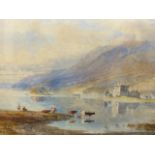 G.A.FRIPP. (1813-1896) KILCHURN CASTLE, LOCH AWE, SIGNED WATERCOLOUR. 31 X 83CMS.