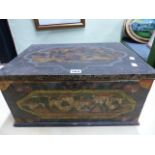 AN ANTIQUE NORTHERN EUROPEAN NAIVELY PAINTED PINE BOX WITH INTERNAL CANDLE BOX. 22 X 48 X 36CMS.