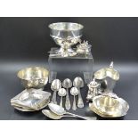 A SELECTION OF HALLMARKED SILVER TO INCLUDE A SAUCE BOAT, QUAICHE DISH,CUTLERY,ETC. GROSS WEIGHT