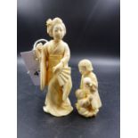 A JAPANESE IVORY LADY WALKING WITH FAN OPEN IN HER LEFT HAND, SIGNED. H.12CMS. AND A GROUP OF SEATED