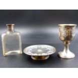 A VICTORIAN HALLMARKED AND ENGRAVED CASED SILVER COMMUNION CHALICE, PATEN AND HOLY WATER BOTTLE,