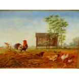 A KEREKES. 20TH.C.CONTINENTAL SCHOOL. CHICKENS IN A FARMYARD, SIGNED OIL ON PANEL. 24.5 X 30CMS.