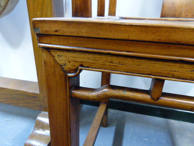 A PAIR OF CHINESE CARVED HORSESHOE SHAPE ARMCHAIRS OF CLASSIC STYLE WITH INSET RATTAN SEATS. - Image 6 of 19