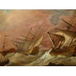 18TH.C.ENGLISH SCHOOL. WARSHIPS IN STORMY SEAS, OIL ON CANVAS, UNFRAMED. 38.5 X 56.5CMS.