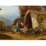 ALFRED WALTER WILLIAMS. (1824-1905) A CONTINENTAL MOUNTAIN VIEW TWO GIRLS AMIDST RUINS, INITIALLED