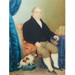 EARLY 19TH.C.ENGLISH NAIVE SCHOOL. PORTRAIT OF A SEATED GENTLEMAN AND HIS DOG, INDISTINCTLY SIGNED