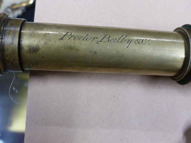 A PROCTOR & BEILBY LEATHER AND BRASS THREE DRAW TELESCOPE WITH 1.75"OBJECTIVE TOGETHER WITH A TURN - Image 3 of 6