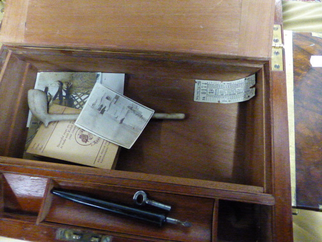 TWO BRASS BOUND MAHOGANY WRITING SLOPES. W.44.5 AND 35CMS. TOGETHER WITH ANOTHER IN WALNUT. W. - Image 3 of 8