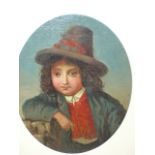 19TH.C.CONTINENTAL SCHOOL. OVAL PORTRAIT OF A BOY IN TRADITIONAL COSTUME, OIL ON CANVAS LAID DOWN.