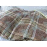 A PREDOMINANTLY MULBERRY TARTAN WOOL DOOR CURTAIN WITH LINING. 208 X 272CMS.