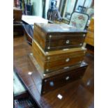 THREE VARIOUS MOTHER OF PEARL AND BRASS LINE INLAID ROSEWOOD WORK BOXES WITH FITTINGS. W.30, 24.5,