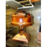 A CARVED AND INLAID WOOD ART DECO STYLE VINTAGE TABLE LAMP WITH DOME FORM SHADE AND SCENIC MARQUETRY