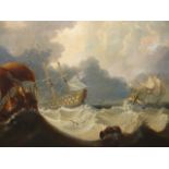 ATTRIB. TO CHARLES MARTIN POWELL. (1775-1824) SAILING SHIPS IN STORMY SEAS, OIL ON CANVAS.