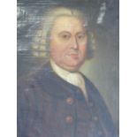A LATE 18TH/EARLY 19TH.C.ENGLISH SCHOOL PORTRAIT OF A GENTLEMAN WEARING A BROWN DRESS COAT, OIL ON