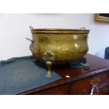 AN ANTIQUE BRASS TWIN HANDLE JARDINIERE IN THE GEORGIAN STYLE WITH PAW FEET. W.60CMS.
