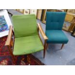A MID CENTURY TEAL LOW LOUNGE ARMCHAIR AND A SIMILAR PERIOD BEDROOM CHAIR. (2)