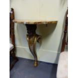 A CARVED PAINTED AND GILTWOOD DEM-ILUNE CONSOLE TABLE IN THE KENTIAN MANNER WITH FAUX MARBLE TOP