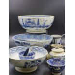 FOUR BLUE AND WHITE PEARLWARE BOWLS, A TEAPOT AND OTHER VASES.