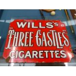 A WILLS THREE CASTLES CIGARETTES ENAMEL SIGN, DOUBLE SIDED WITH WILLS GOLD FLAKE CIGARETTES VERSO.