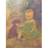 19TH.C.ENGLISH NAIVE SCHOOL. A YOUNG GIRL WITH HER DOG, OIL ON CANVAS. 38 X 31CMS.