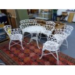 A GOOD VICTORIAN STYLE CONSERVATORY/ PATIO SET OF FOUR CHAIRS, A TWO SLAT BENCH AND A CIRCULAR