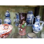 A PAIR OF CHINESE DOUBLE GOURD SHAPED VASES, THREE OTHER BLUE AND WHITE WARES, FIVE JAPANESE IMARI