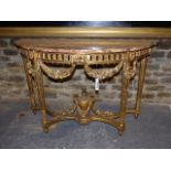 AN ANTIQUE FRENCH CARVED GILTWOOD LOUIS XVI STYLE DEMI LUNE MARBLE TOP CONSOLE TABLE WITH PIERCED