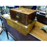 A BRASS BOUND BURR WALNUT WRITING SLOPE. W.36.5CMS AND ANOTHER IN MAHOGANY WITH FITTINGS. W.