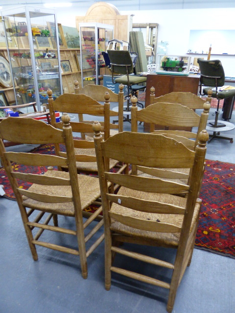 A SET OF SIX ASH RUSH SEATED LADDER BACK CHAIRS. - Image 2 of 2