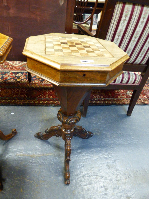 A VICTORIAN CARVED AND INLAID ROSEWOOD WORK TABLE WITH OCTAGONAL TOP INLAID WITH GAMEBOARD ON TRIFID - Image 4 of 7