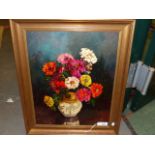 M.E.ODDIE. 20TH.C. FLORAL STILL LIFE, SIGNED OIL ON CANVAS. 64 X 51CMS.
