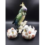 A KARL ENS PORCELAIN PARROT H.27CMS TOGETHER WITH TWO IMARI STYLE MANDARIN DUCKS. H.10CMS. (3)