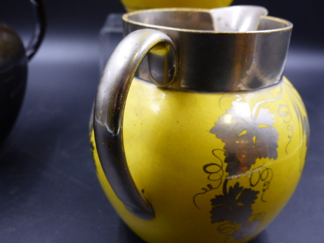 TWO ANTIQUE SILVER LUSTRED YELLOW GROUND JUGS, A BROWN GOBLET AND JUG WITH GILT INITIAL J. - Image 11 of 20