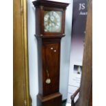 AN 18TH.C.MAHOGANY LONG CASE CLOCK WITH 8 DAY MOVEMENT, 12" BRASS DIAL WITH SILVERED CHAPTER RING