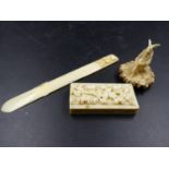 A EUROPEAN IVORY FLORAL CARVED BOX. W.6CMS. A PAGE MARKER CARVED WITH GRAPE HANDLE. H.14CMS. AND A