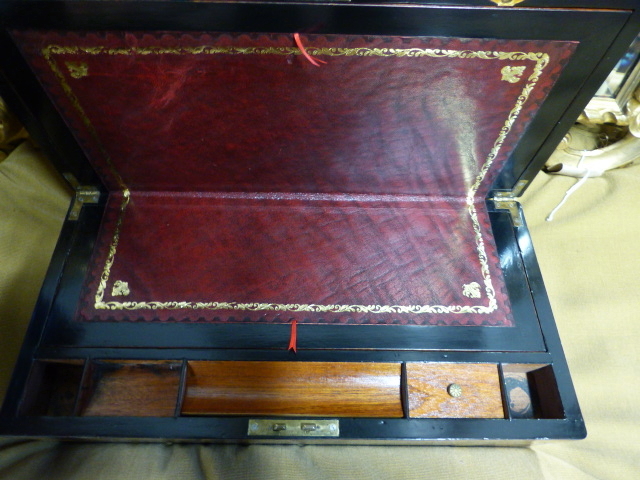 TWO BRASS BOUND MAHOGANY WRITING SLOPES. W.44.5 AND 35CMS. TOGETHER WITH ANOTHER IN WALNUT. W. - Image 8 of 8